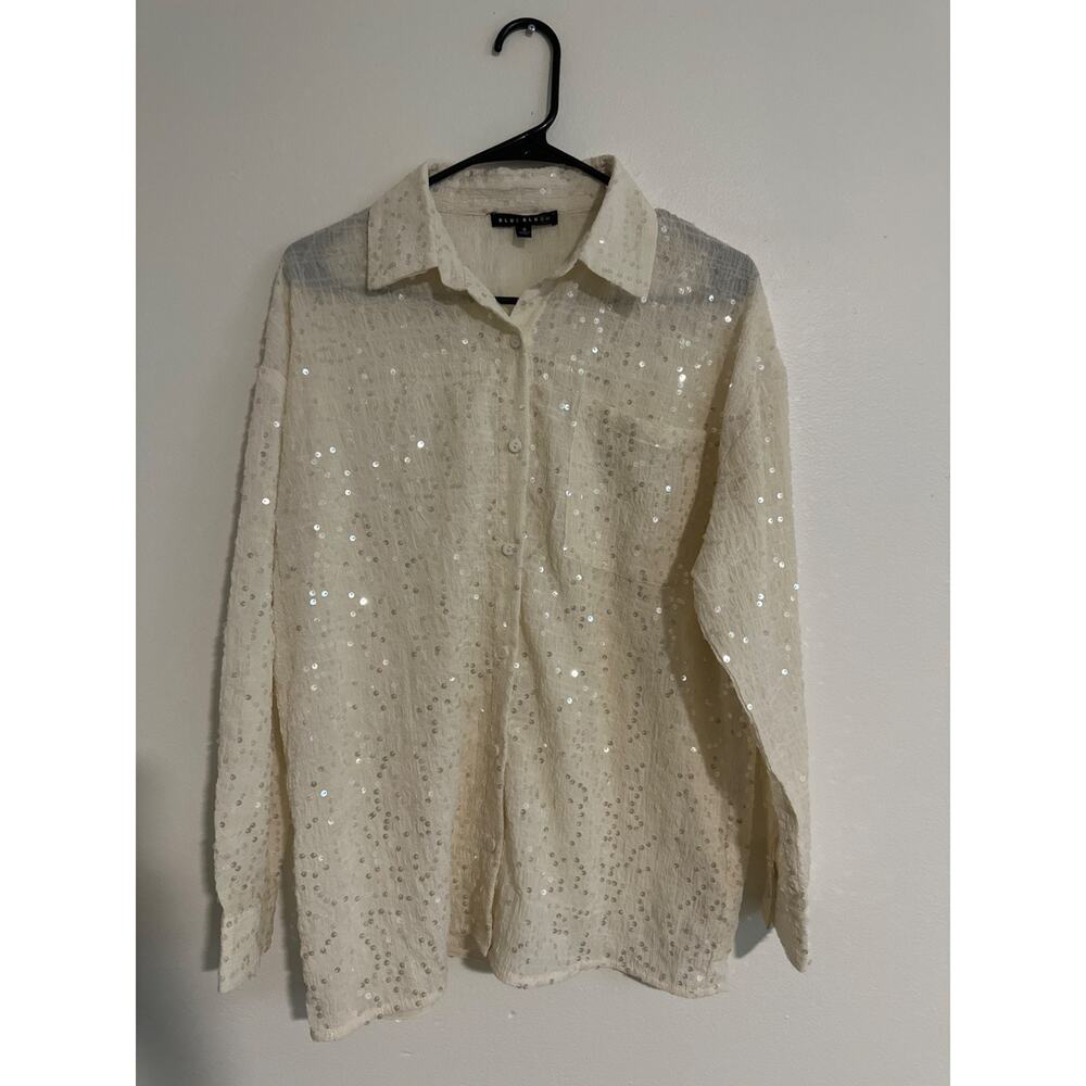 Blue Blush White Sequin Button-Up Collared Shirt Small